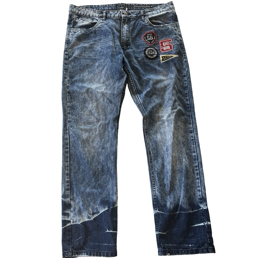 Parish Mens Size 38 x 32 Jeans Patches Distressed Medium Wash Acid Wash Varsity